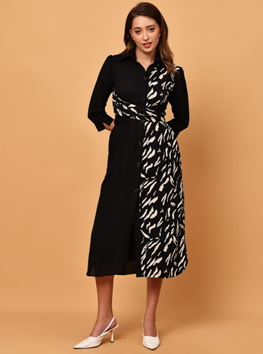 Stylish Black & White Printed Midi Dress for Women | Elegant Office & Party Wear